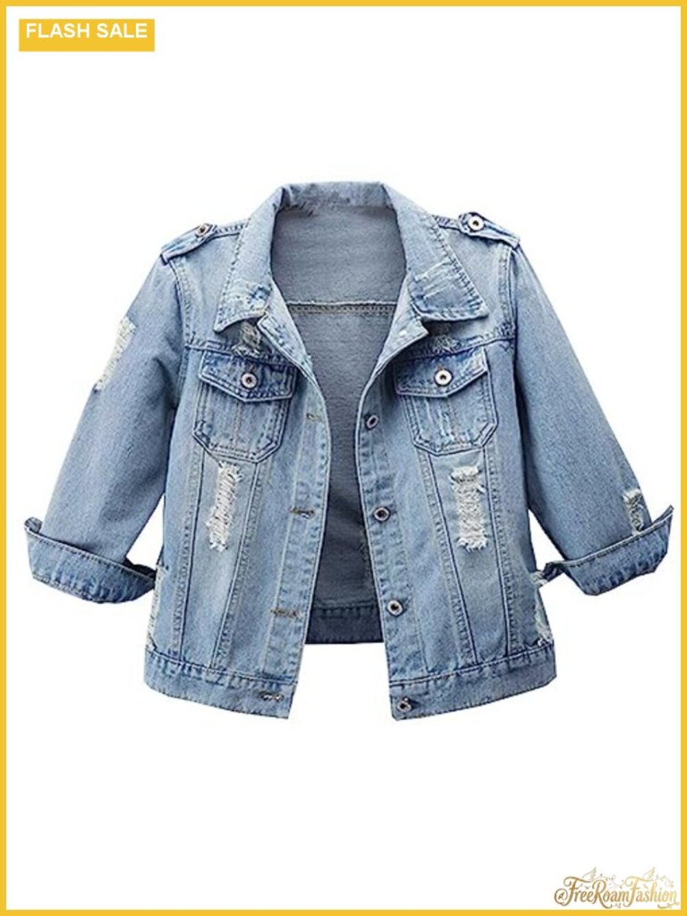 Women's Retro Distressed Denim Jacket with 3/4 Sleeves